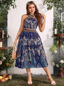 SHEIN Clasi Talla grande Top con estampado de paisley correa ancha & Falda bajo con fruncido - Multicolor - Ver 4