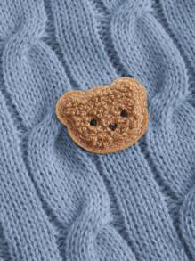 SHEIN EZwear Cartoon Patched Detail Cable Knit Round Neck Short Sleeve Summer Top - Dusty Blue - View 3