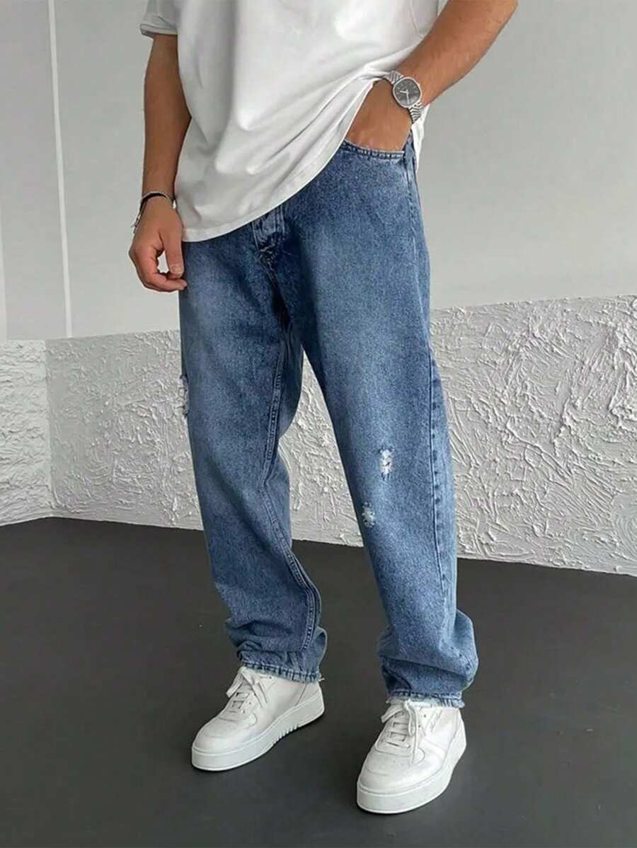 Men Ripped Straight Leg Jeans - Medium Wash - View 1