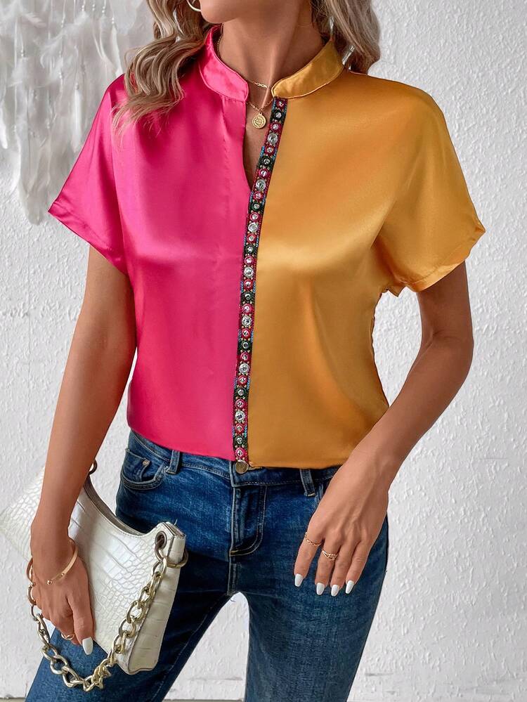 Women's Summer Batwing Short Sleeve Color Blocked Shirt With Notched V-Neck & Weave Trim