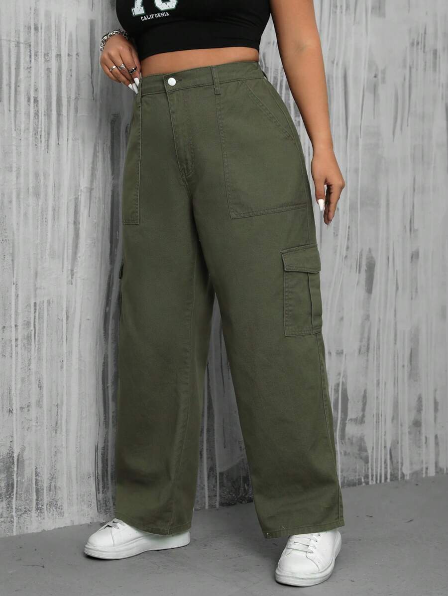 SHEIN ICON 大码女式绿色牛仔工作裤