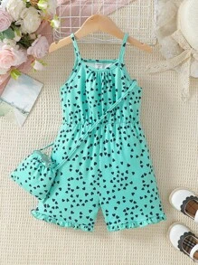 SHEIN Young Girl New Heart Printed Sleeveless Jumpsuit With Elastic Waist And Spaghetti Straps