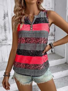 EMERY ROSE Top De Tanque Sin Mangas A Rayas Y Estampado De Moda Para Mujeres Con Impresión Aleatoria - Multicolor - Ver 6