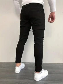 Men's Simple Solid Color Skinny Stretch Jeans - Black - View 2