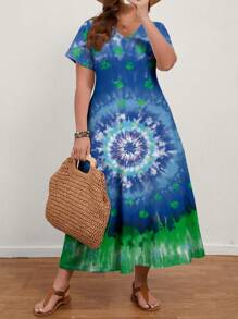 EMERY ROSE Vestido de mujer vintage de talla grande de ajuste delgado y estampado con nudos casuales de verano - Azul - Ver 3