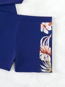 Swim SPRTY Bộ Rashguard dài tay có dây kéo phía trước in hoa & thực vật tương phản dành cho nữ, in ngẫu nhiên, cho kỳ nghỉ ở bãi biển mùa hè - Màu xanh hải quân - Xem 3