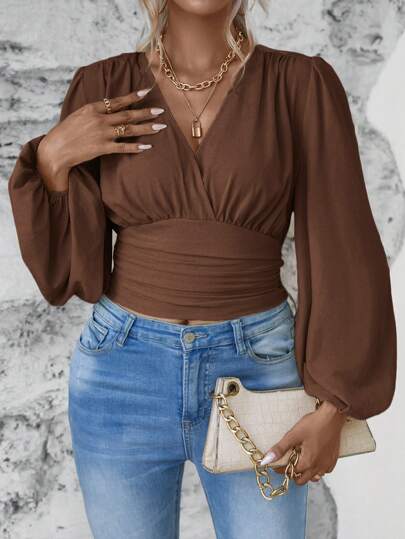 Vionelle 女士實色v領大尺碼長袖襯衫