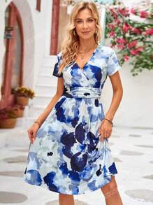 Short Sleeve V-Neck Side Pocket Printed Dress