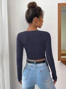 EURMUSE Solid Wrap Tie Side Crop Tee - Navy Blue - View 2