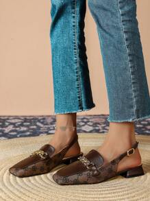 Women's Flat Vintage Square Toe Floral Embroidery With Fashion Buckle And Back Strap, Slingback Shoes Valentines - Coffee Brown - View 4