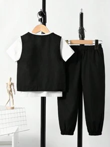 SHEIN 男童3入組休閒貨運風英文印花無袖背心、純色短袖上衣和運動褲 - 黑與白 - 查看 2