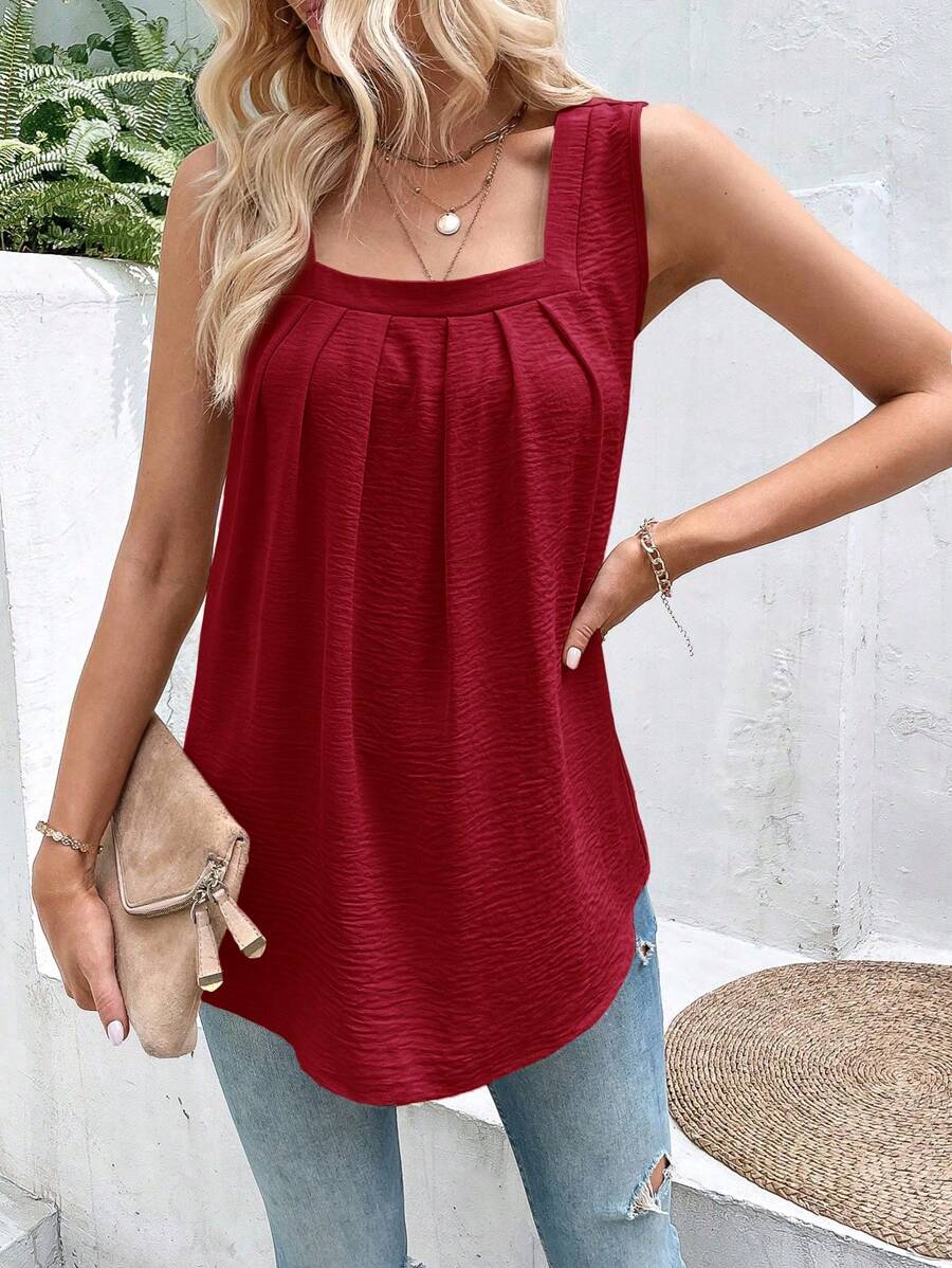 SHEIN LUNE 女性時尚純色無袖上衣 - 酒紅色 - 查看 1