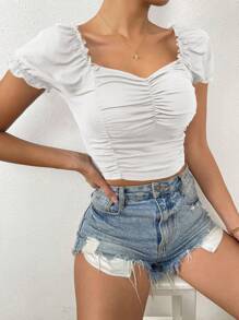 Chiquease Của phụ nữ Mùa hè Màu thuần Người yêu Đường viền cổ áo Ruffle Ngắn Ống tay áo Thon gọn Áo thun - trắng - Xem 3