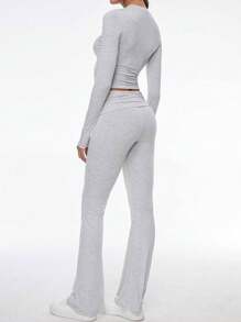 Women's Two Pieces Autumn Outfit Y2K Sporty Casual Home Daily Solid Color Round-Neck Long-Sleeved T-Shirt Fitted Long Pants Set