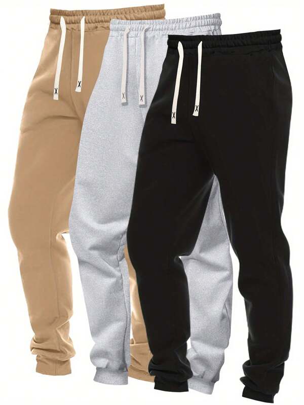 3pcs Men Sports Casual Pants, Classic Retro Minimalist Solid Color Versatile Drawstring Waist Jogger Trousers, Suitable For Outdoor, Running, Daily Wear