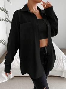 Chiquease 女士春夏纯色落肩长袖宽松休闲口袋衬衫、长袖上衣