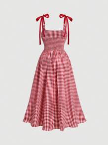 SHEIN MOD Plus Size Women's Summer Plaid Spaghetti Strap Dress With Shoulder Knot Detail
