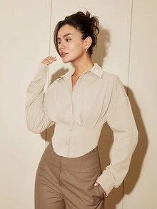 女款純色長袖收腰優雅襯衫，休閒開襟襯衫，秋季女裝，商務休閒 - 米色 - 查看 7