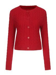 SHEIN LUNE Women's Solid Color Button-Front Cardigan With Twisted Knitting Pattern For New Year Clothes,Long Sleeve Tops