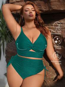 Swim SXY Summer Beach Plus Size Sparkling Twist Knot Cut-Out Bikini Top - Teal Blue - View 1
