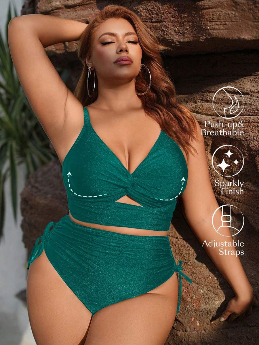 Swim SXY Summer Beach Plus Size Sparkling Twist Knot Cut-Out Bikini Top - Teal Blue - View 1
