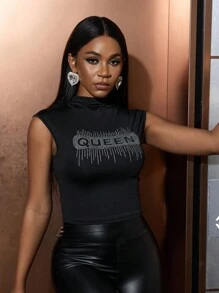 SHEIN Slayr Plus Size Women's Queen Rhinestone Embellished Bodycon Tank Top, Suitable For Clubwear - Black - View 3