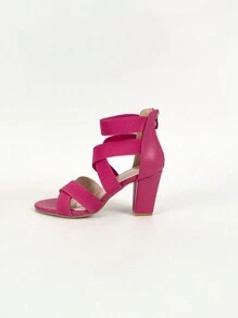 1pair Red Roman Style Sandals With Chunky High Heels, Elastic Cross Straps And Zipper Closure Valentines - Hot Pink - View 3
