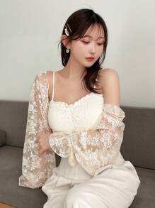 FRIFUL Women's Summer Lace Bat Sleeve Sheer Top With Long Sleeve,Ruffle - Beige - View 8