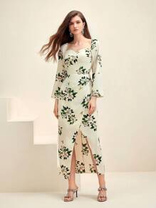 Anewsta Women's Floral Print Sweetheart Neck Wrap Front Split Dress - White - View 1