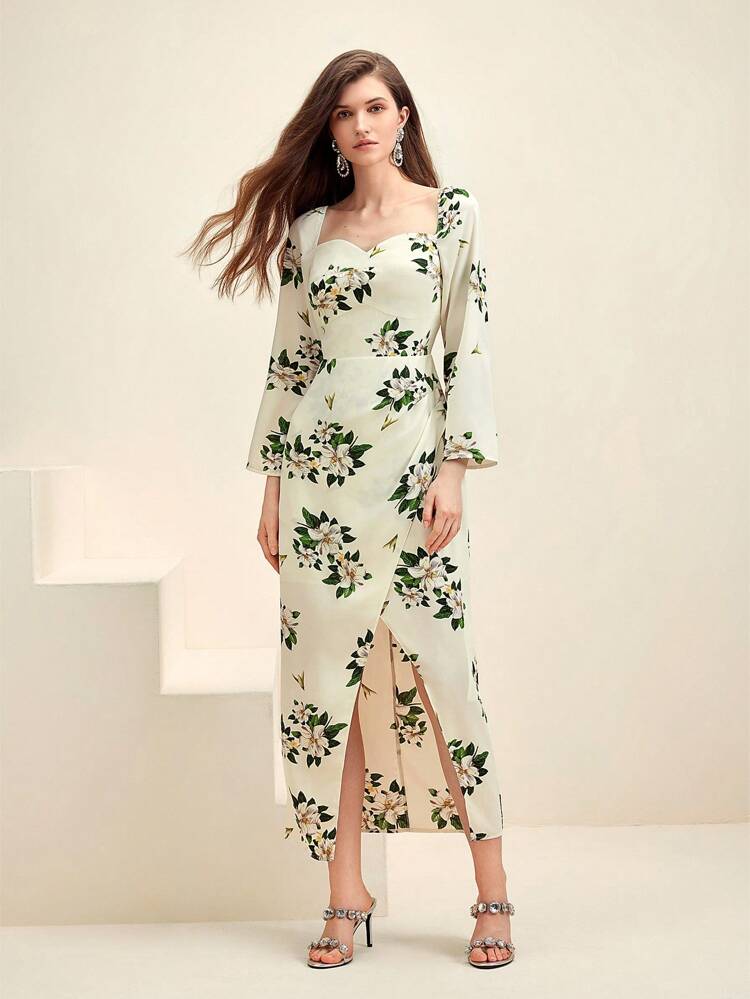 Women's Floral Print Sweetheart Neck Wrap Front Split Dress