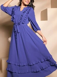 Seusyu 女性v領轉角口鐘形袖荷葉邊裝飾長裙,附腰帶 - 藍色 - 查看 3