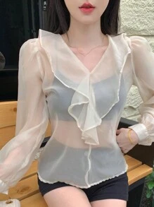 Dazy Designer Women's Solid Color Sheer Mesh Ruffle Edge Long Sleeve Stylish Blouse - Apricot - View 6