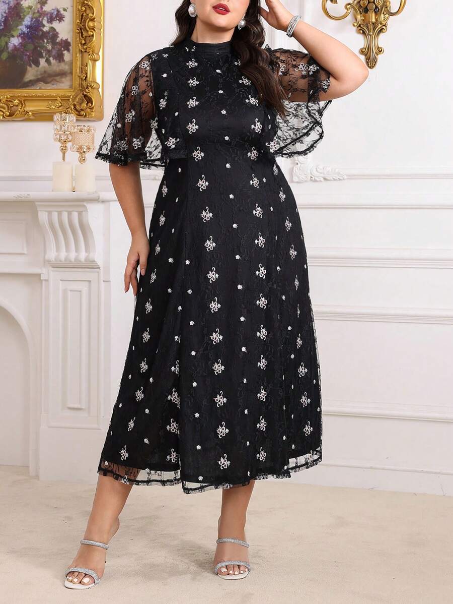 Modelyn 加大尺碼女裝花邊刺繡荷葉袖連衣裙