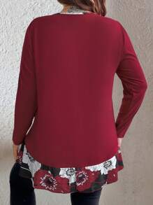 EMERY ROSE Plus Size Women's Printed Tie Front Jacket With Ruffle Hem - Burgundy - View 3