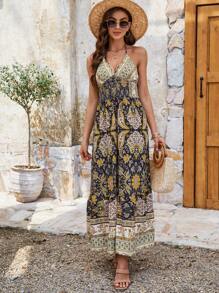 Breezaya Women's Summer Holiday Style Floral Print Waist Tie Halterneck Dress