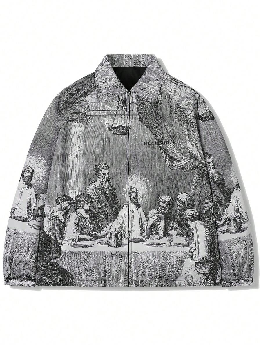Men's Fashionable Figure Print Jacket, Autumn & Spring - Grey - View 1