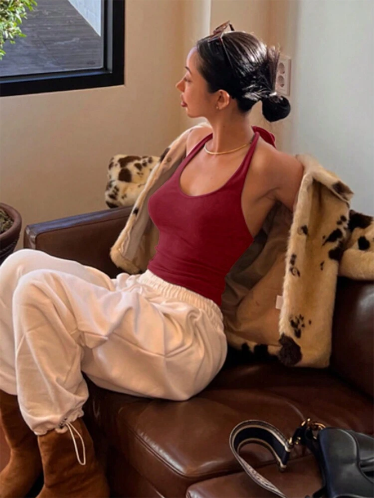 Solid Color Round Neck Halter Slim Fit Summer Top Tank Tops