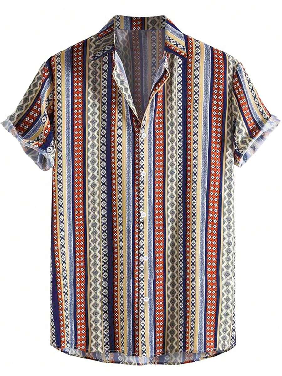 Men's Geometric Print Short Sleeve Shirt - Orange - View 1