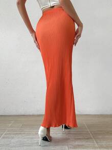 Chiquease Women Solid Color High Side Split Skirt, Suitable For Summer - Orange - View 2