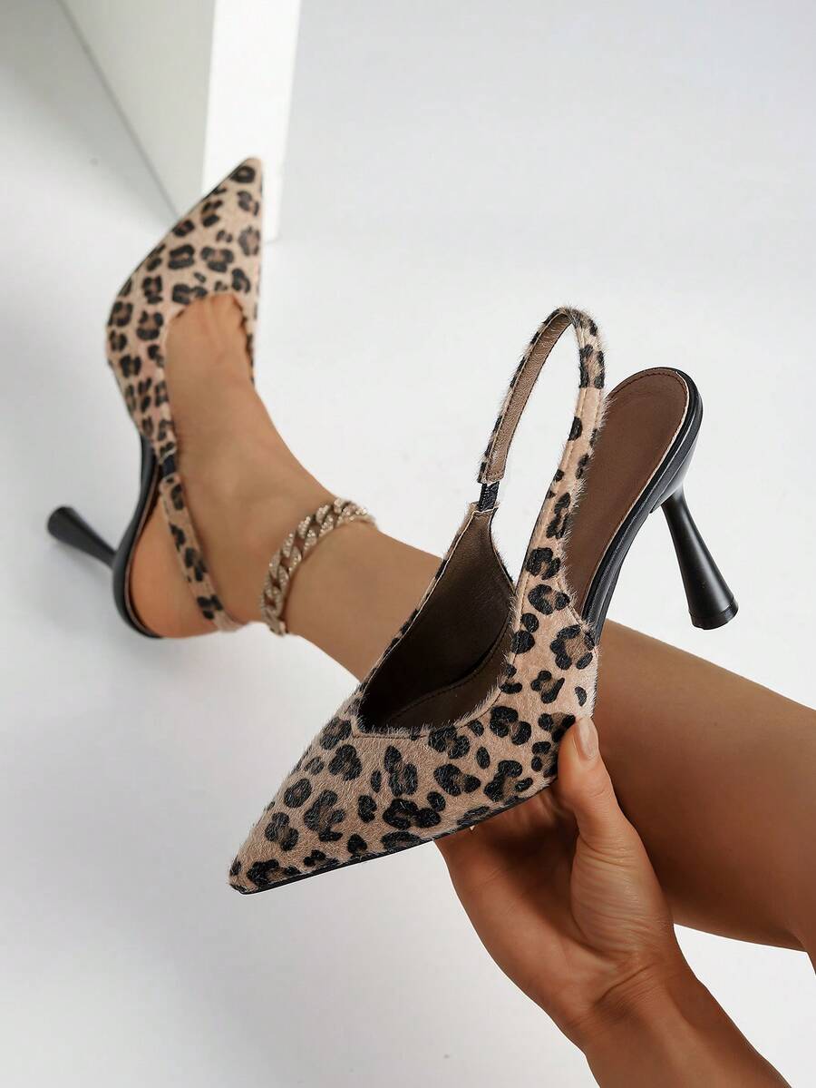 Giày cao gót mũi nhọn in họa tiết da báo có dây đeo sau lưng thời trang cho nữ - Nhiều màu - Xem 1