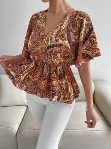 SHEIN LUNE Paisley Print Tie-Waist Casual Holiday Shirt - Multicolor - View 6