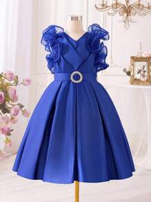 SHEIN 少女可爱优雅华丽V领荷叶边中长连衣裙，裙摆呈喇叭形 - 藍色 - 查看 2