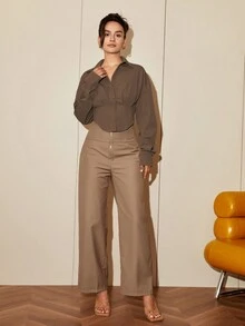 女士纯色长袖收腰优雅衬衫，休闲开衫，春秋季女装，商务休闲，开斋节服装 - 棕色 - 查看 8