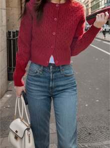 SHEIN LUNE Women's Solid Color Button-Front Cardigan With Twisted Knitting Pattern For New Year Clothes,Long Sleeve Tops