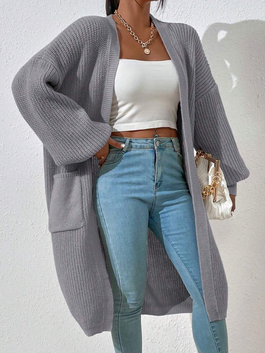 Chiquease Women's Solid Color Simple Cardigan, Suitable For Spring And Autumn,Ladies Late Fall Casual Pocket Drop Shoulder Oversized Light Grey Plain Women Cardigans,Casual Daily Wear,Long Sleeve Tops