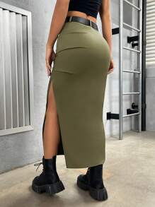 SHEIN PETITE Ladies' Military Green Pleated High Slit Skirt - Army Green - View 2