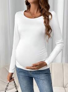 SHEIN Maternity Solid Ruched Tee With Long Sleeve - White - View 6