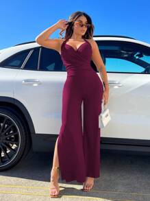 SHEIN SXY Women's Fashionable Halter Neck Backless Sleeveless Jumpsuit With Waistband And Split Leg Design For Summer