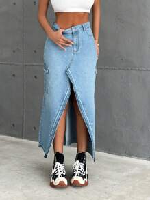 EURMUSE Cargo Pocket, Long Skirt - Medium Wash - View 3