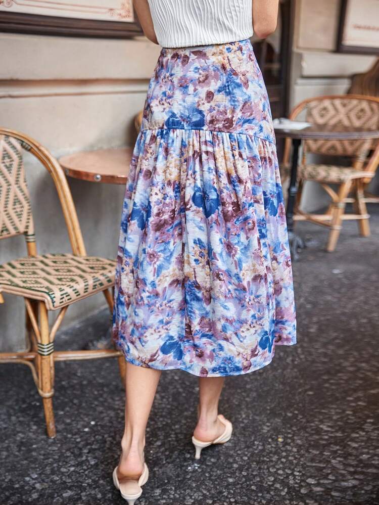 Women's Vacation Style Printed Swing Pleated Midi Skirt Summer Flower